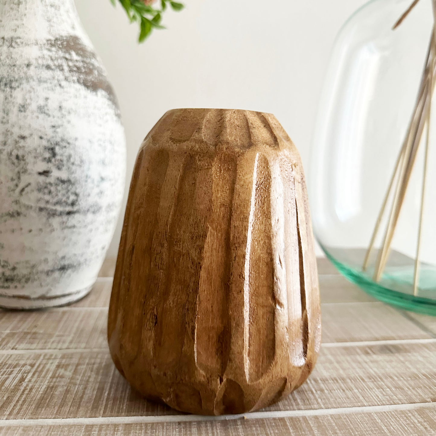 Carved Wood Short Vase