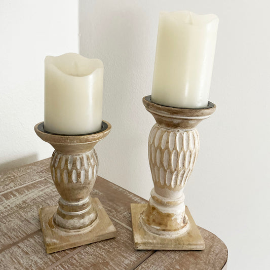 Wood Carved Candle Stand - Set Of 2