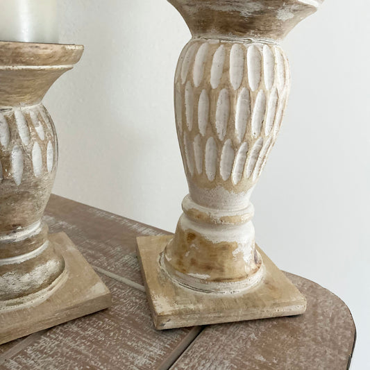 Wood Carved Candle Stand - Set Of 2