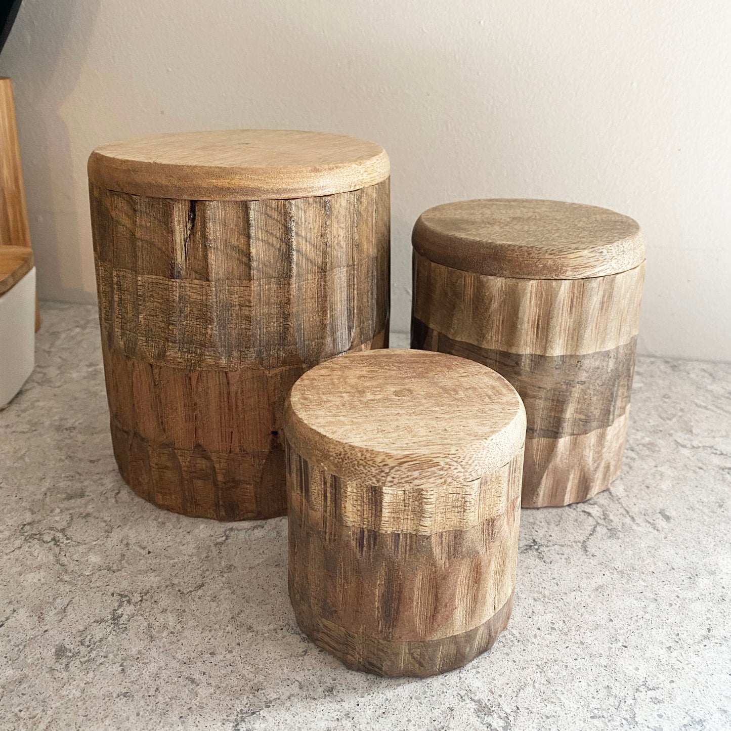 Carved Wood Canister - Set of 3