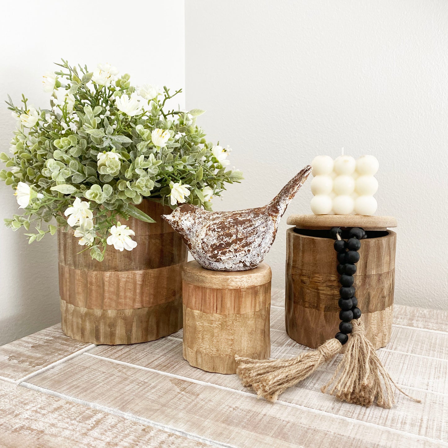 Carved Wood Canister - Set of 3
